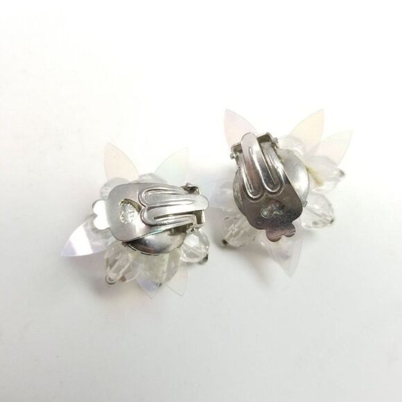 Vintage Beaded Cluster Flower Clip On Earrings, West Germany, Clear Faux Pearl - Picture 5 of 7
